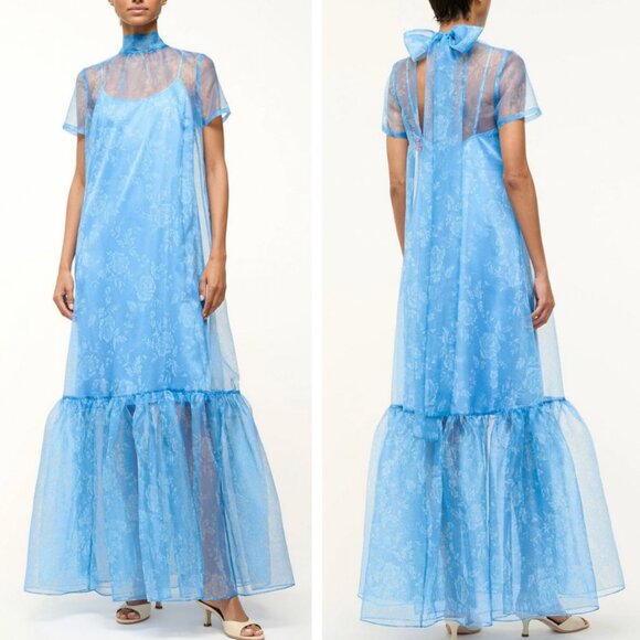 NWT STAUD Calluna Maxi Dress Gown Blue Rose Party Organza Cocktail XSmall - Picture 2 of 11